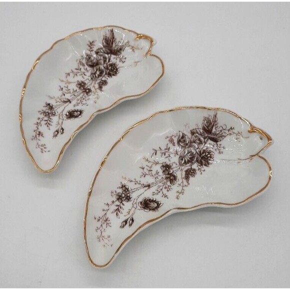 Antique Carlsbad Australia Brown Floral Gold Trim Set Of 2 Bone/Trinket Dishes - Picture 1 of 7